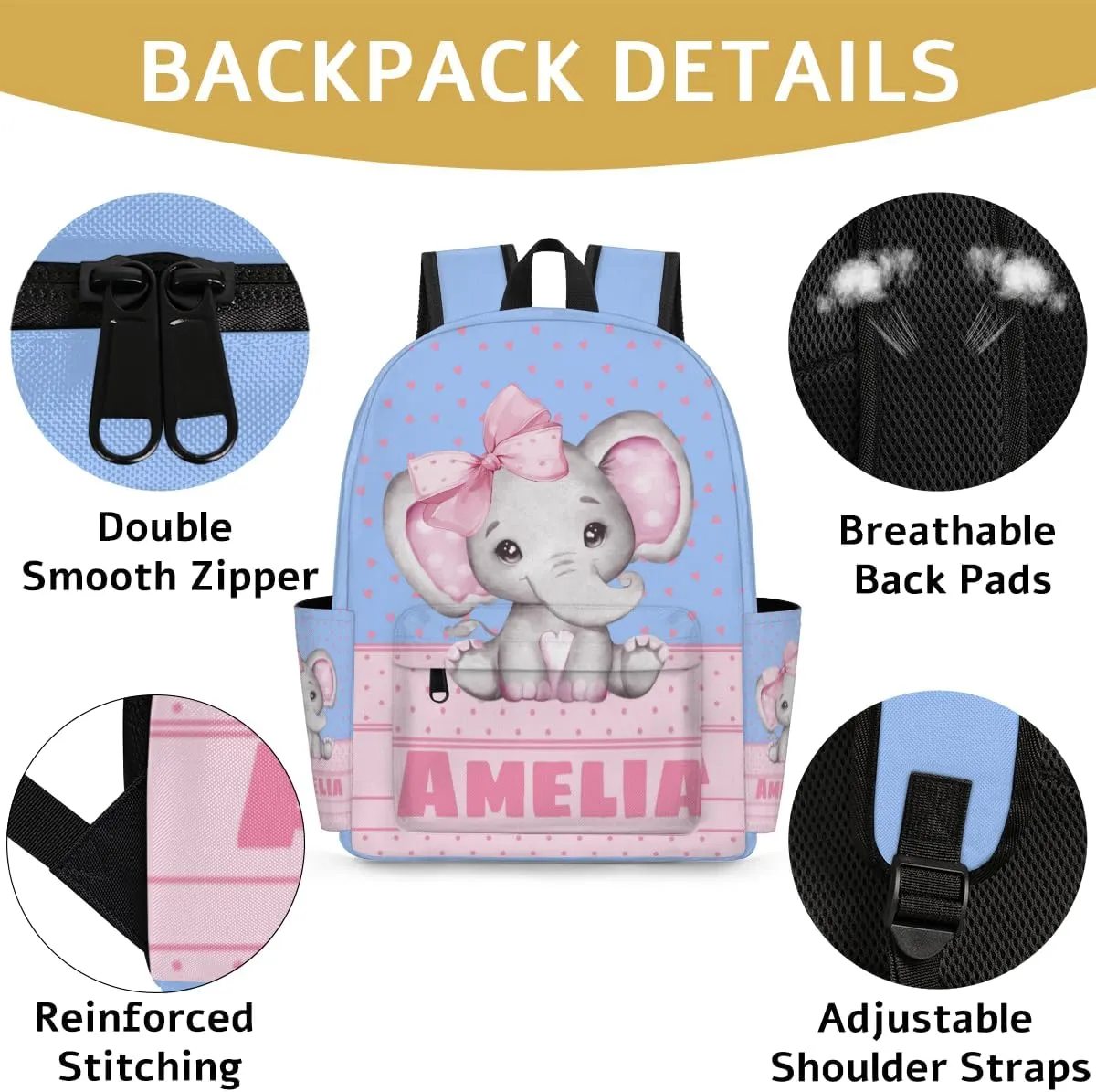 Custom Shoulder Bag with Name, Personalized Backpack Customized Casual Bag Pink Elephant with Bow Tie, Love Hearts, Sky Blue