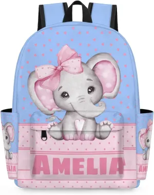 Custom Shoulder Bag with Name, Personalized Backpack Customized Casual Bag Pink Elephant with Bow Tie, Love Hearts, Sky Blue