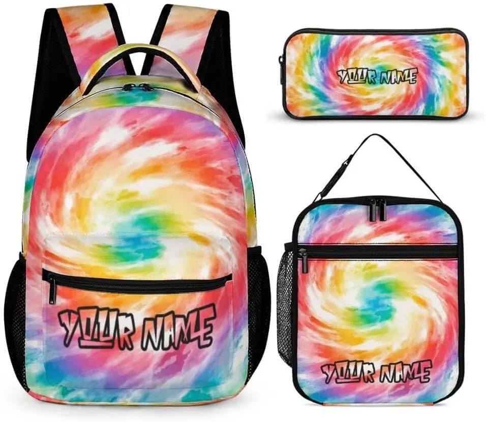 Custom Tie Dye Backpack with Lunch Box & Pencil Case for Kids Girls Boys School, 16 Inch Cute Tie Dye Bookbag, School Backpack for Students Children, Lightweight, Large Capacity