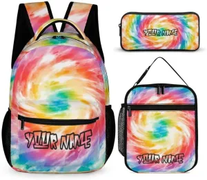Custom Tie Dye Backpack with Lunch Box & Pencil Case for Kids Girls Boys School, 16 Inch Cute Tie Dye Bookbag, School Backpack for Students Children, Lightweight, Large Capacity