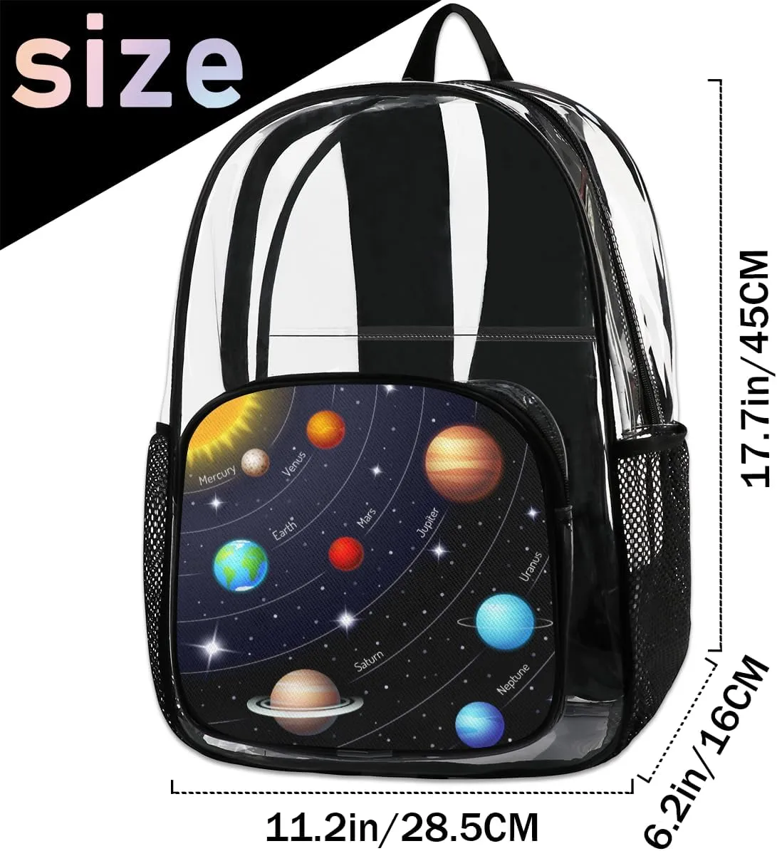 Customizable Clear Backpack for Women Men,Clear Bag for Stadium Events With Waterproof PVC Plastic Material,Solar System - L