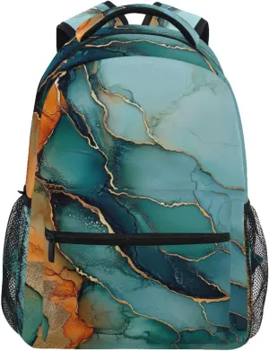 Cute Backpack for Men Women Waterproof Backpack With Water Bottle Pocket with Chest Strap Gift Men & Women Marble Turquoise Orange