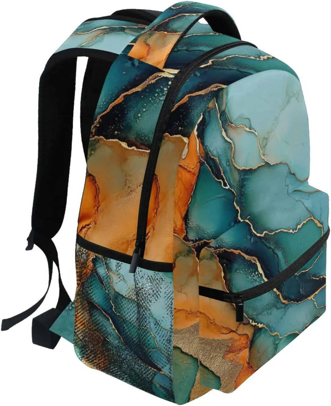 Cute Backpack for Men Women Waterproof Backpack With Water Bottle Pocket with Chest Strap Gift Men & Women Marble Turquoise Orange