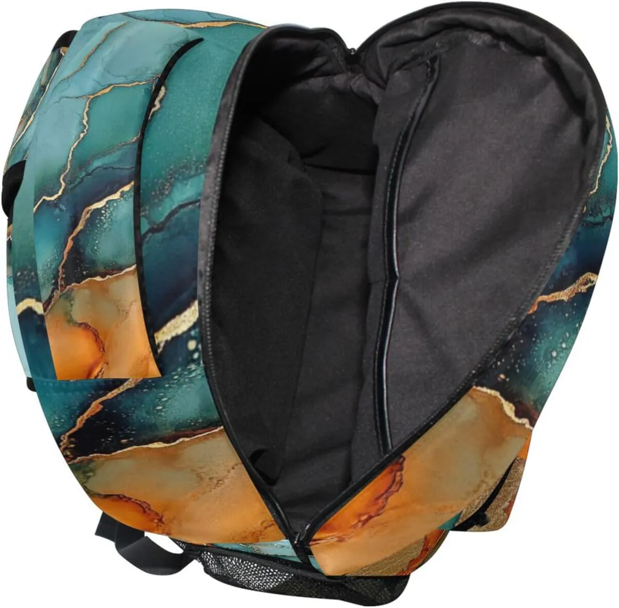 Cute Backpack for Men Women Waterproof Backpack With Water Bottle Pocket with Chest Strap Gift Men & Women Marble Turquoise Orange