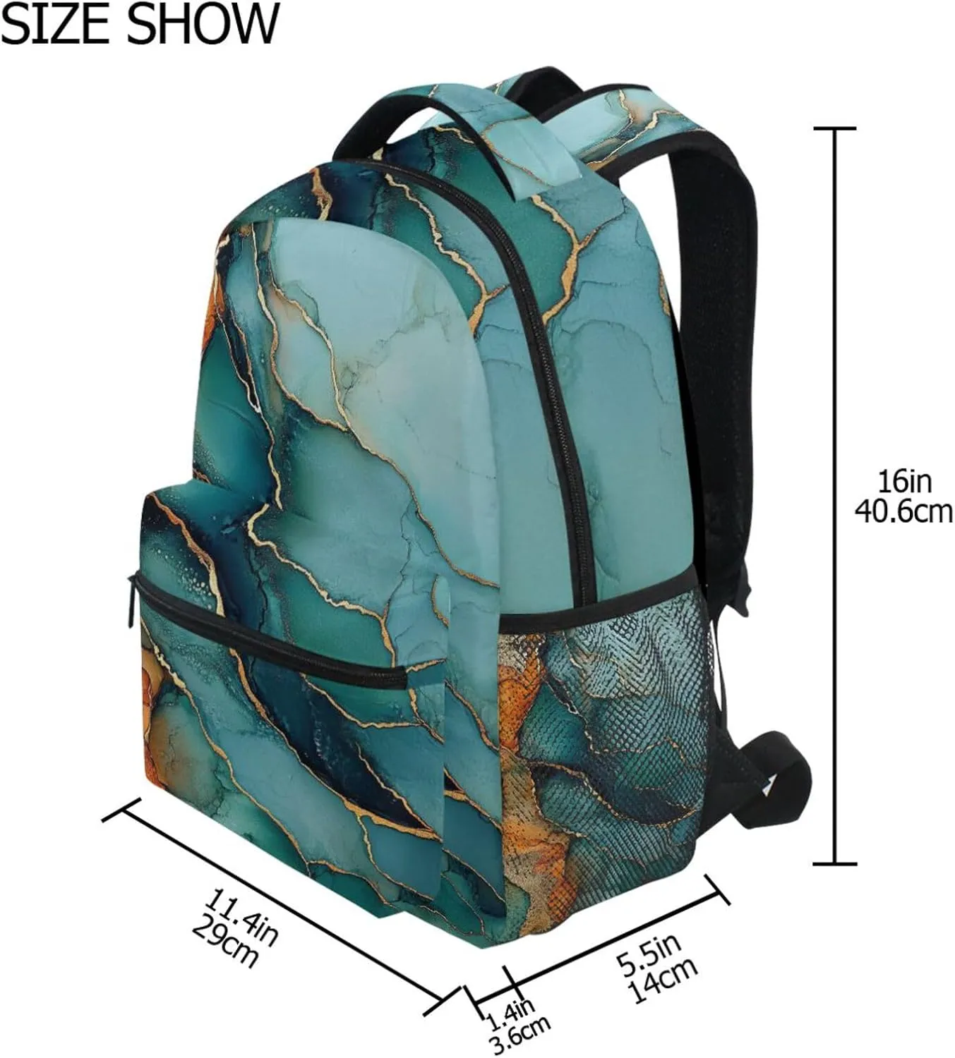 Cute Backpack for Men Women Waterproof Backpack With Water Bottle Pocket with Chest Strap Gift Men & Women Marble Turquoise Orange