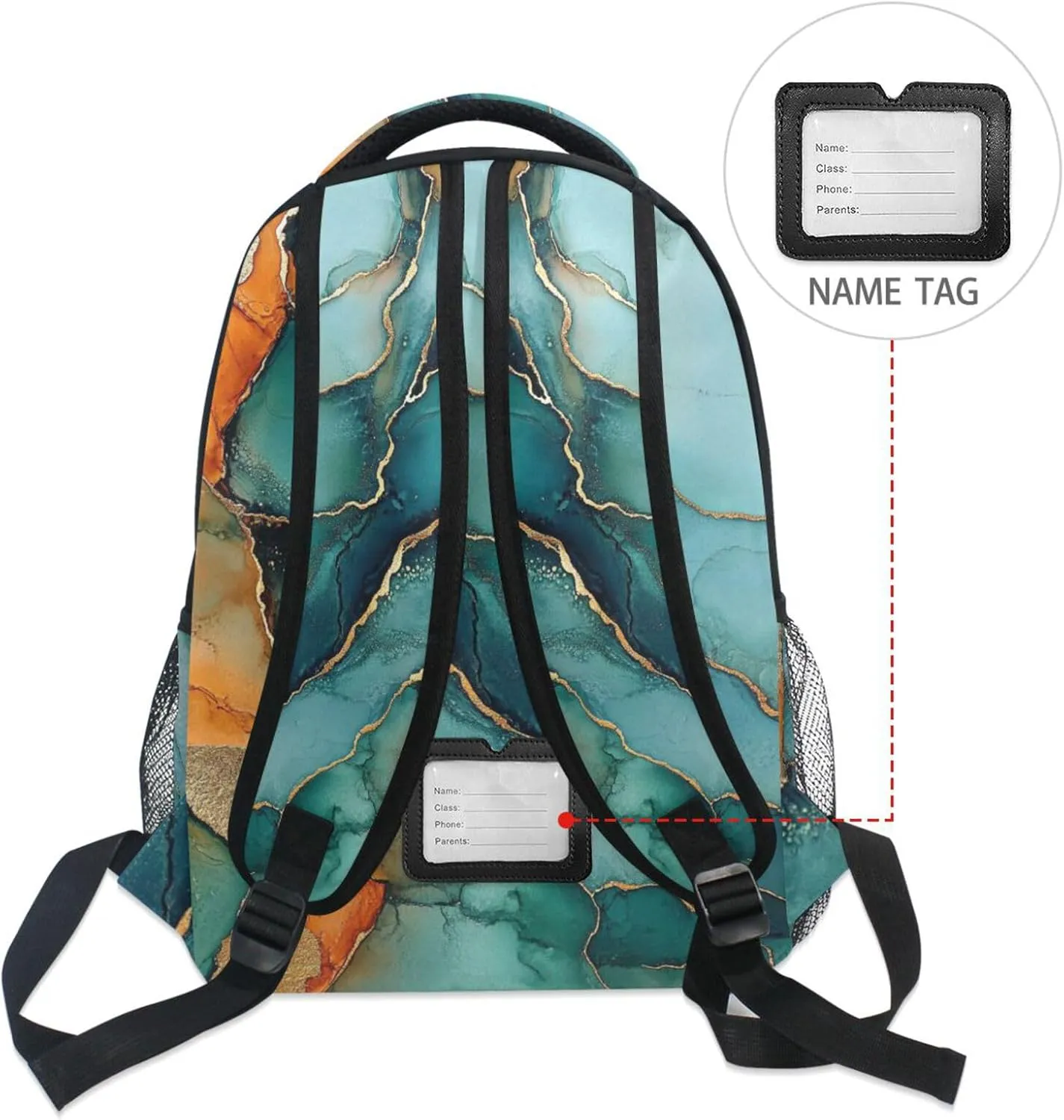 Cute Backpack for Men Women Waterproof Backpack With Water Bottle Pocket with Chest Strap Gift Men & Women Marble Turquoise Orange