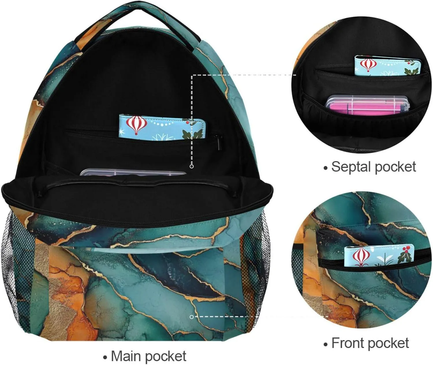 Cute Backpack for Men Women Waterproof Backpack With Water Bottle Pocket with Chest Strap Gift Men & Women Marble Turquoise Orange