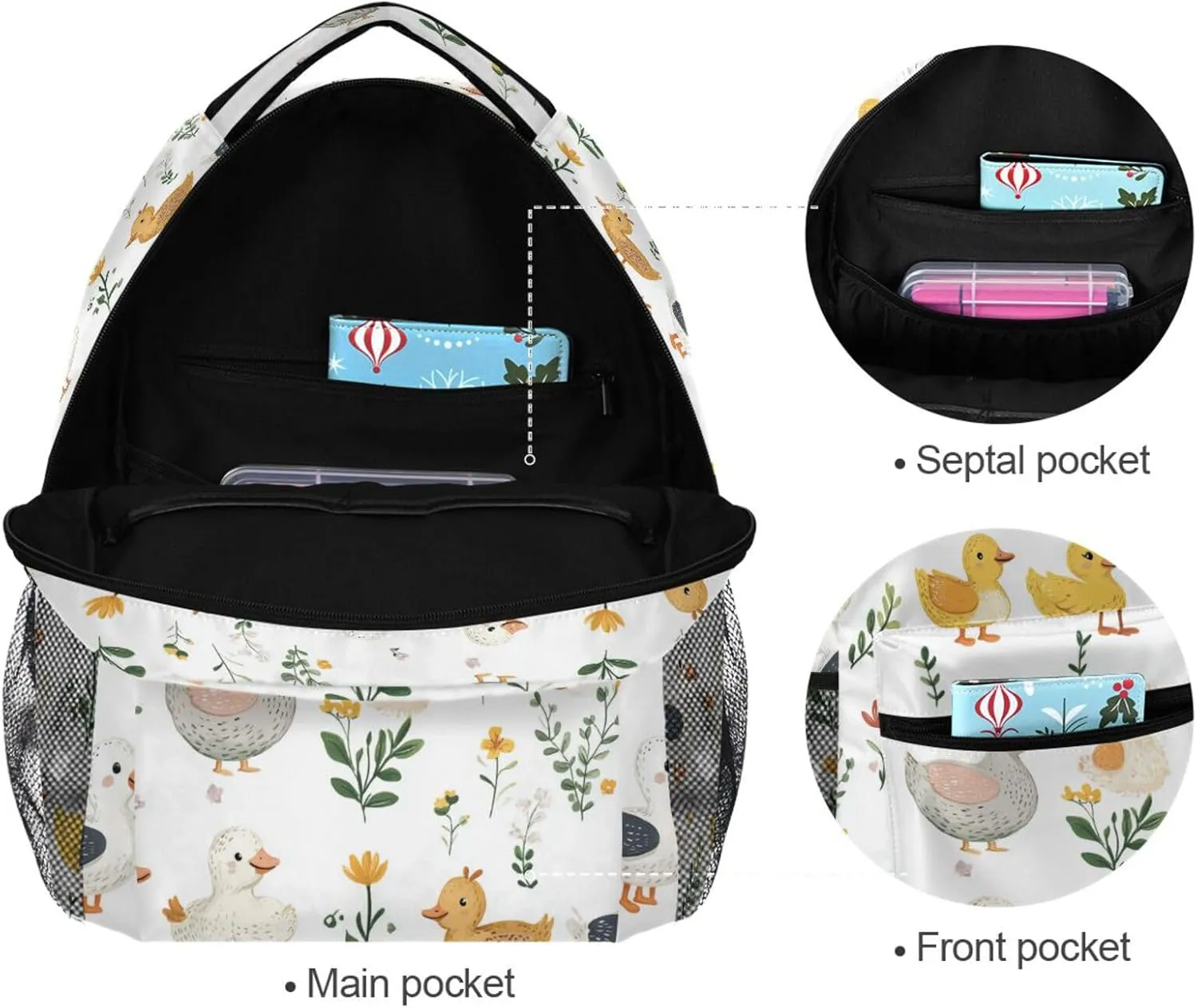 Cute Backpack for Teens Boys Girls Waterproof Laptop Bag with Chest Strap Gift Men & Women Cartoon Cute Pet Duck White