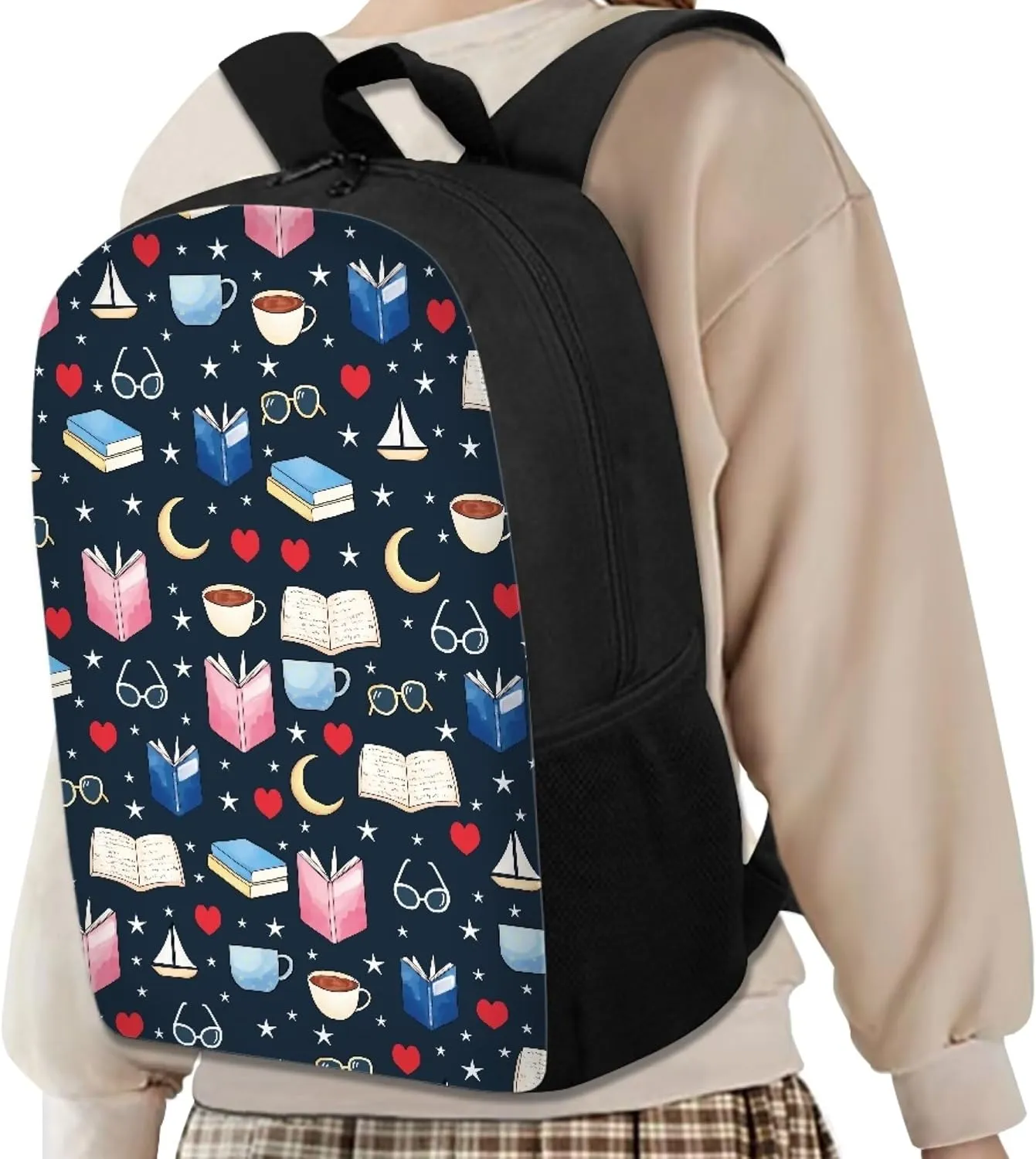 Cute Boys School Blue Book Moon Star Coffee Backpack for Elementary Student Soft Comfy Bookbag Daypack for Girls Campus Daily Outing Backpack with Side Pocket