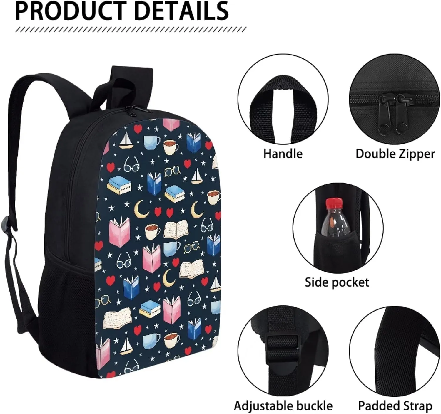 Cute Boys School Blue Book Moon Star Coffee Backpack for Elementary Student Soft Comfy Bookbag Daypack for Girls Campus Daily Outing Backpack with Side Pocket