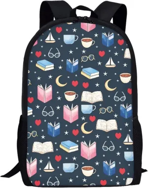 Cute Boys School Blue Book Moon Star Coffee Backpack for Elementary Student Soft Comfy Bookbag Daypack for Girls Campus Daily Outing Backpack with Side Pocket