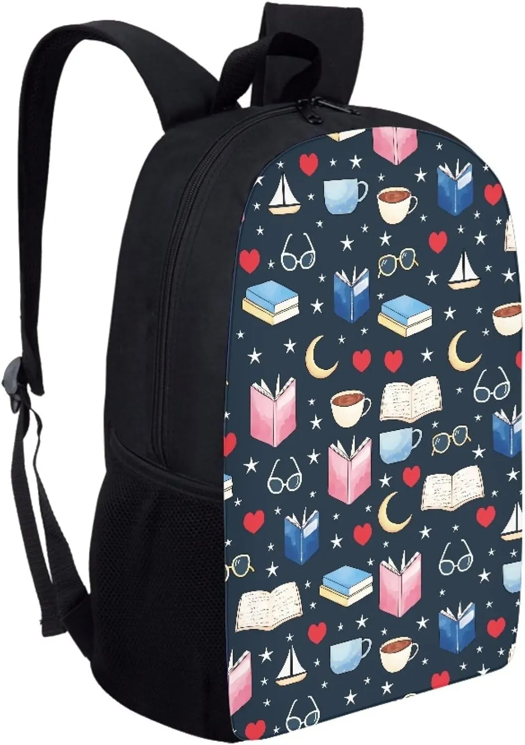 Cute Boys School Blue Book Moon Star Coffee Backpack for Elementary Student Soft Comfy Bookbag Daypack for Girls Campus Daily Outing Backpack with Side Pocket