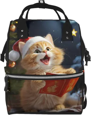 Cute Cat Sing Christmas Carols Diaper Bag Essentials Travel Tote Nappy Backpack Large Capacity Mummy Backpack Multifunction Waterproof Teacher Nurse Bag 15.7 inch Work laptop Bags