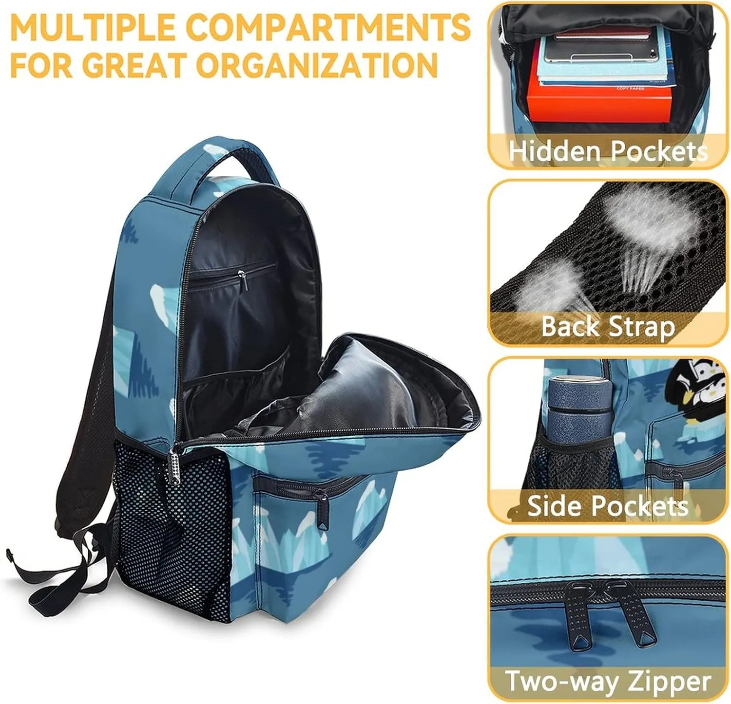 Cute Penguin Backpack, 16 Inch Animal Theme Bookbag with Adjustable Straps, Durable, Lightweight, Large Capacity, School Backpack for Kids Girls Boys
