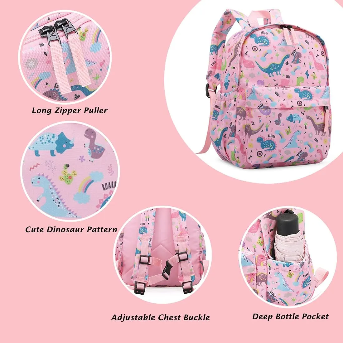 Cute Toddler Backpack for Boys Girls Preschool Kindergarten Nursery Travel School Bag with Chest Buckle(Pink Dinosaur)
