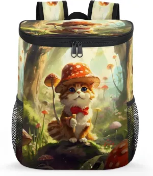 Cute Watercolor Cat Deep Forest Mushroom Insulated Cooler Backpack Lightweight Portable Cooler Backpack Leak Proof Drink Beer Bag for Men Women Travel Beach Picnic