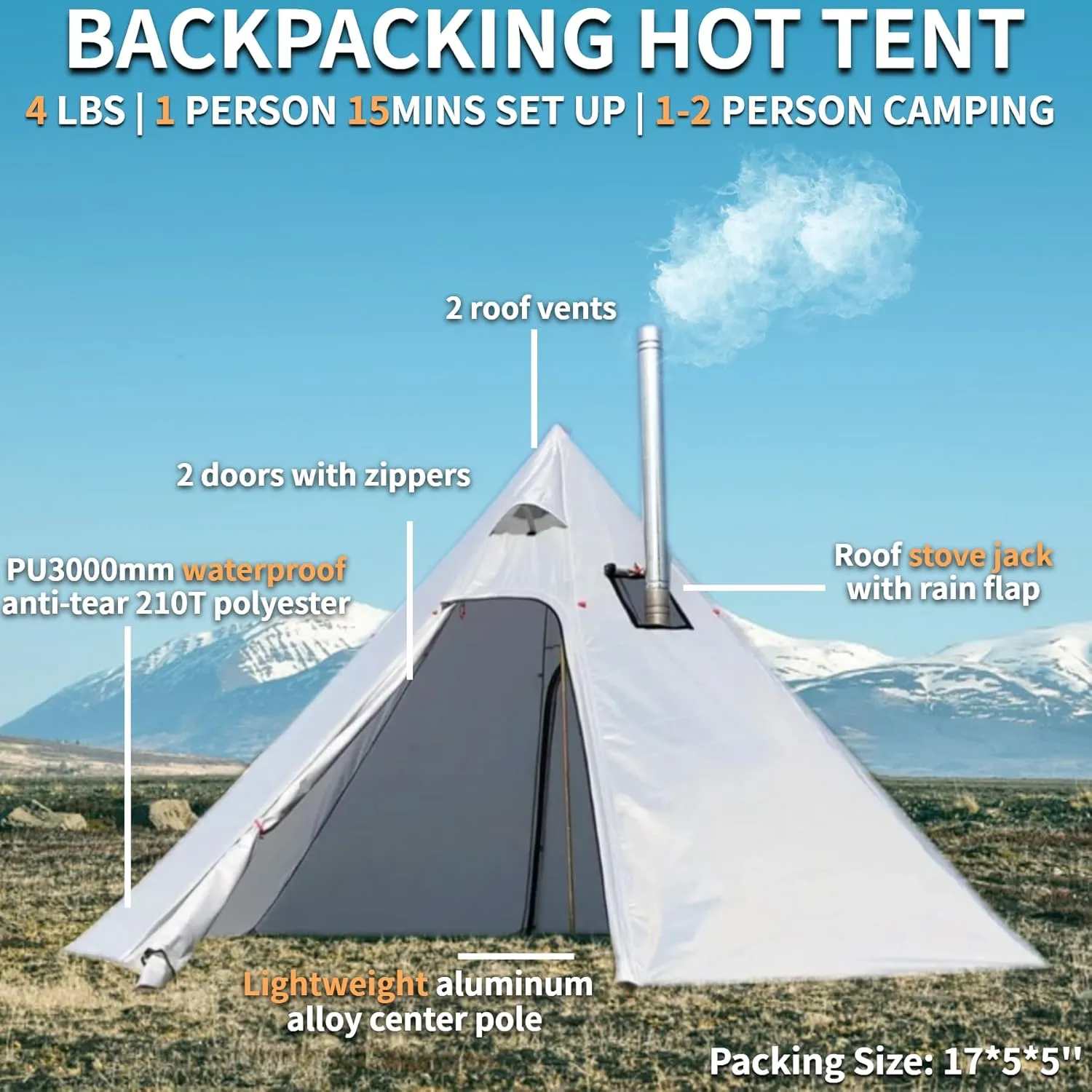 DANCHEL OUTDOOR Backpacking Hot Tent with Stove Jack for 2/4 Person Camping, 4 Season Lighweight Teepee Tent for Hunting Winter Solo Camping,10.5ft/13ft