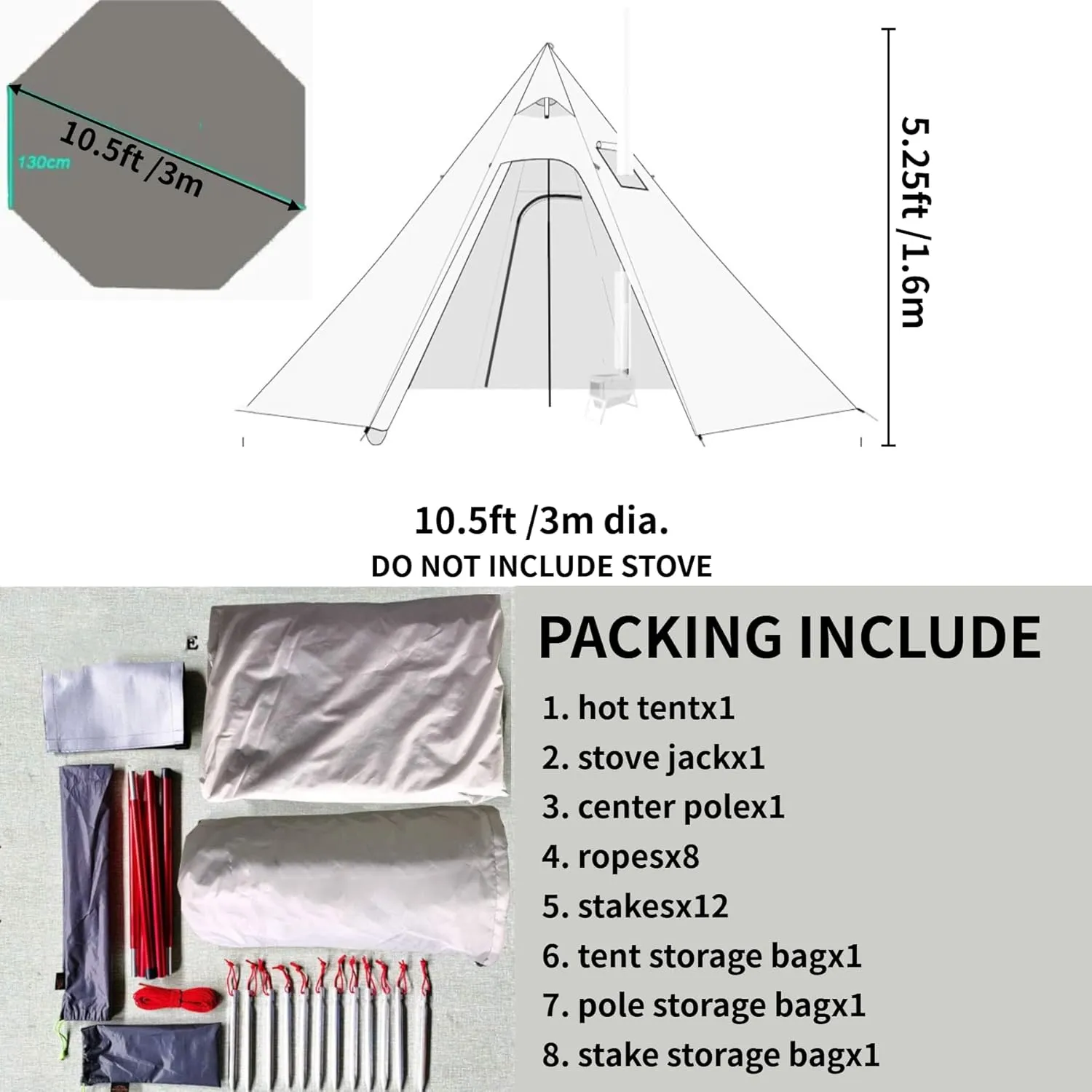 DANCHEL OUTDOOR Backpacking Hot Tent with Stove Jack for 2/4 Person Camping, 4 Season Lighweight Teepee Tent for Hunting Winter Solo Camping,10.5ft/13ft