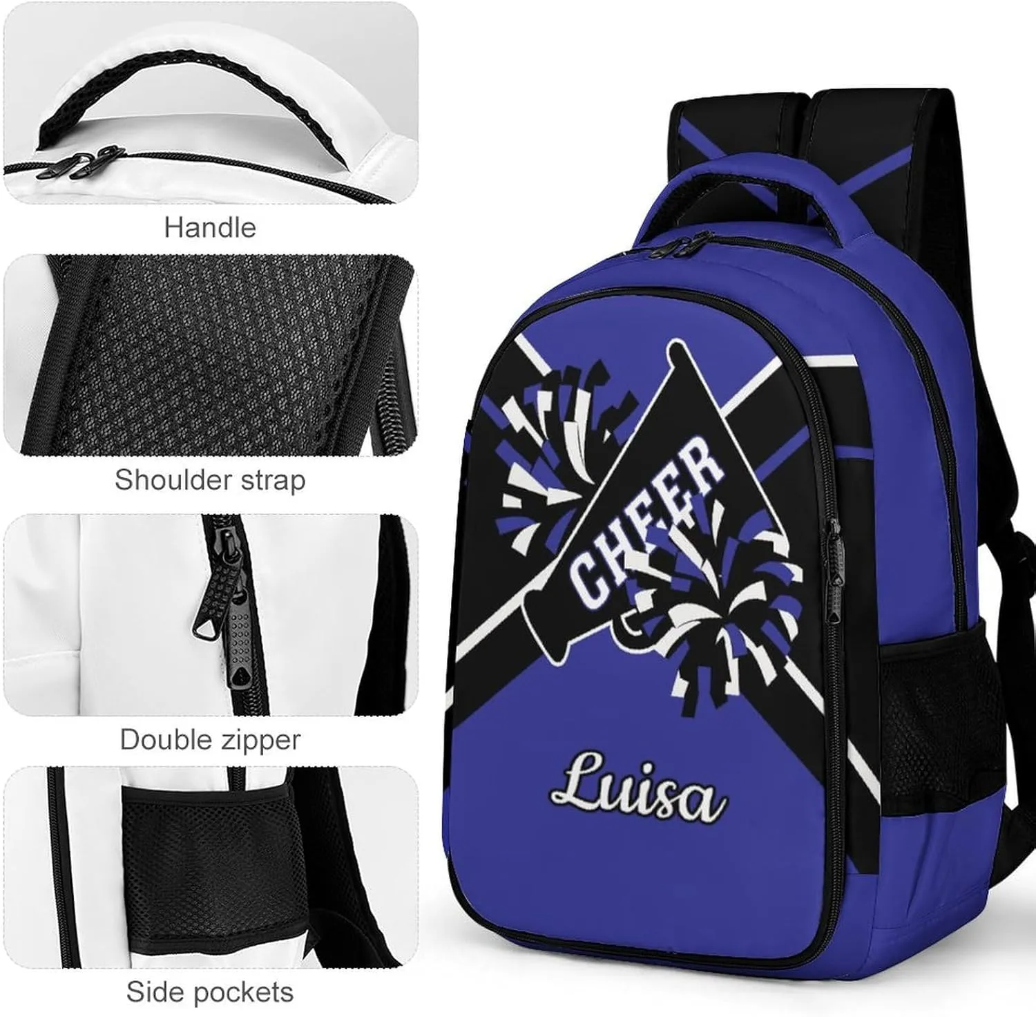 Dark Blue Cheerleader Waterproof School Backpack Personalized with Name for Men Women Sport Laptop Bag
