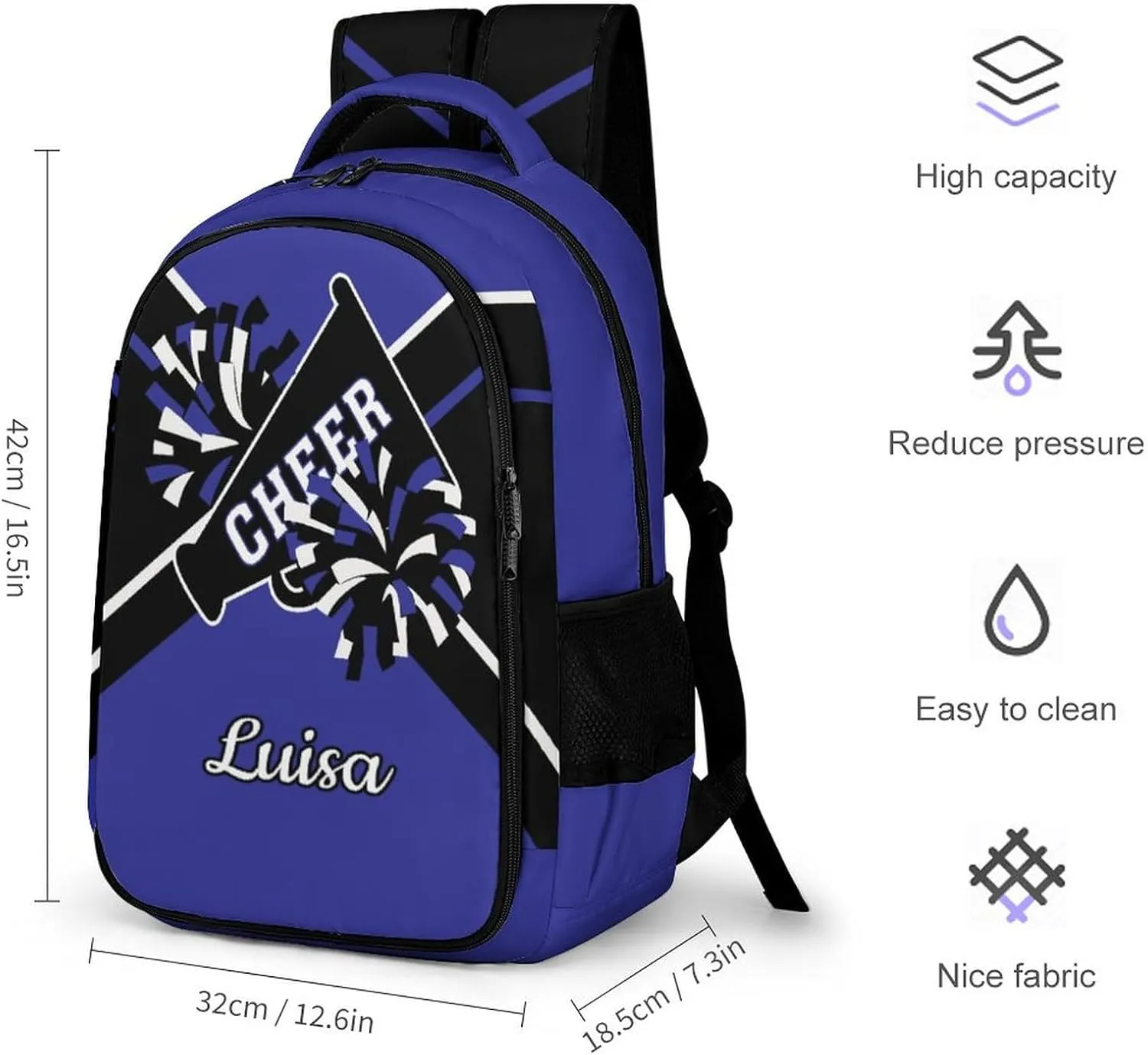 Dark Blue Cheerleader Waterproof School Backpack Personalized with Name for Men Women Sport Laptop Bag