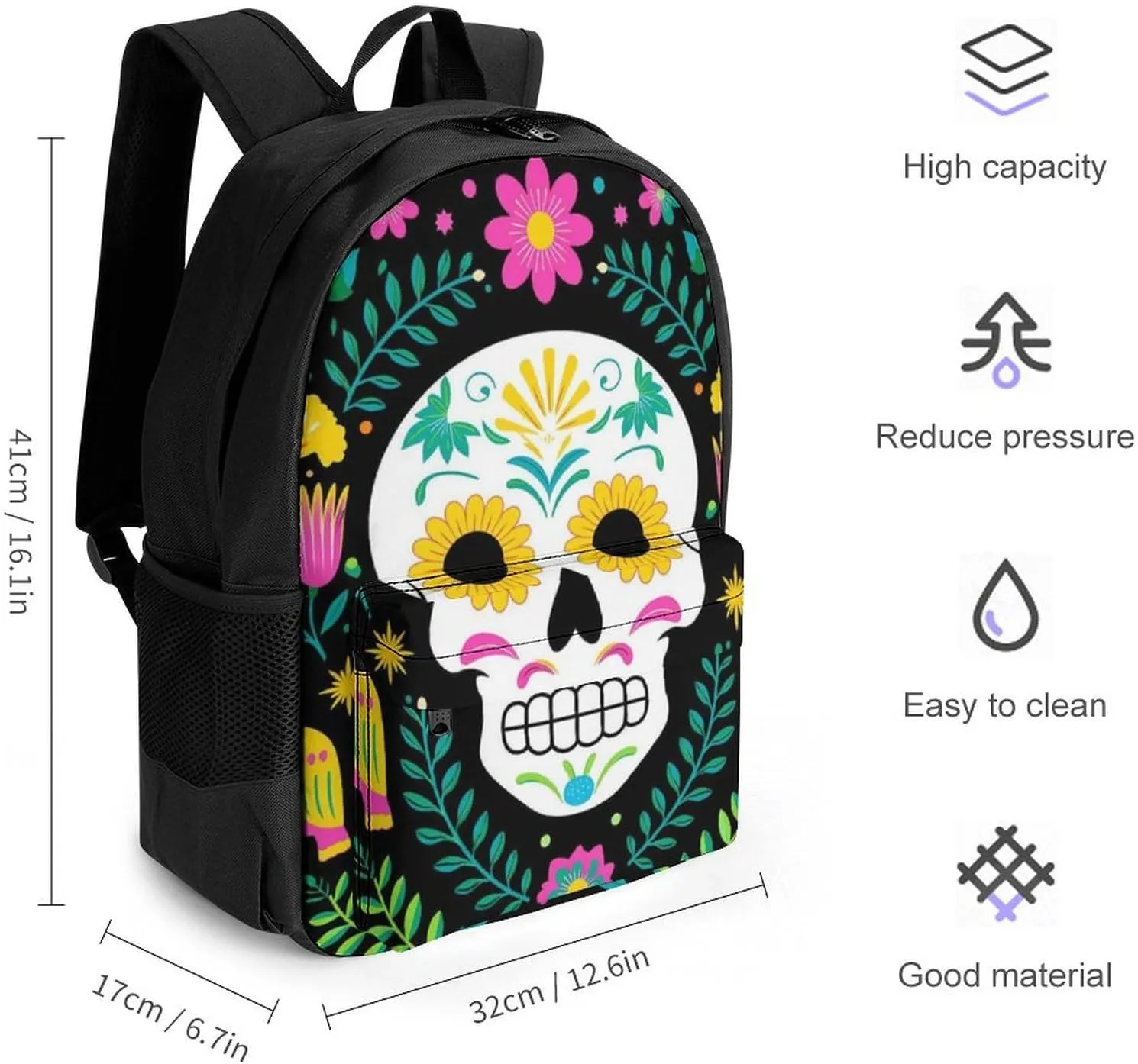Daypack Backpack Anti-Theft Multipurpose Big Capacity Bookbag - Colorful Floral Sugar Skull Bird Art Business Computer Bag With Side Pockets