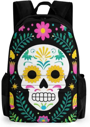 Daypack Backpack Anti-Theft Multipurpose Big Capacity Bookbag - Colorful Floral Sugar Skull Bird Art Business Computer Bag With Side Pockets