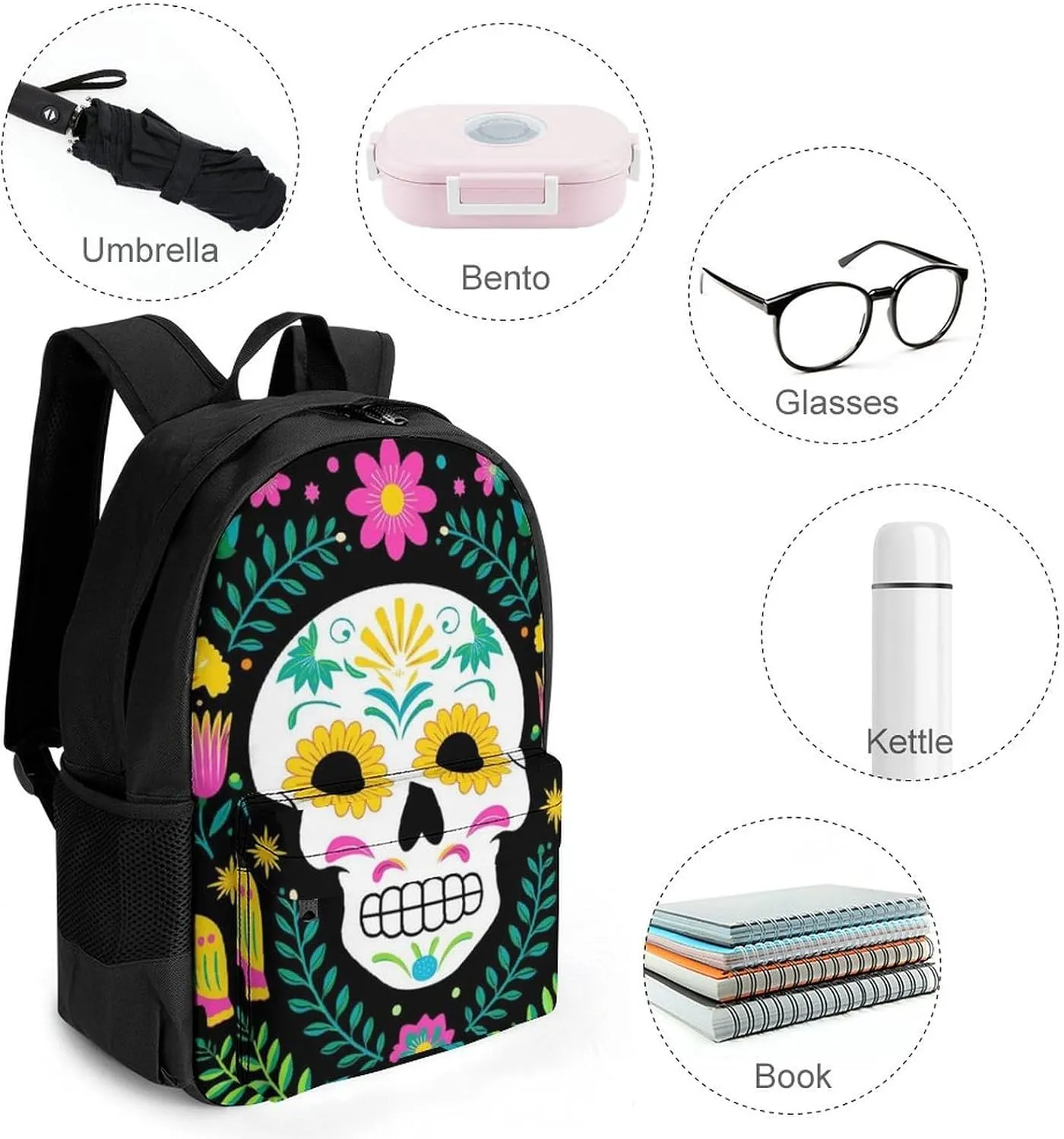 Daypack Backpack Anti-Theft Multipurpose Big Capacity Bookbag - Colorful Floral Sugar Skull Bird Art Business Computer Bag With Side Pockets