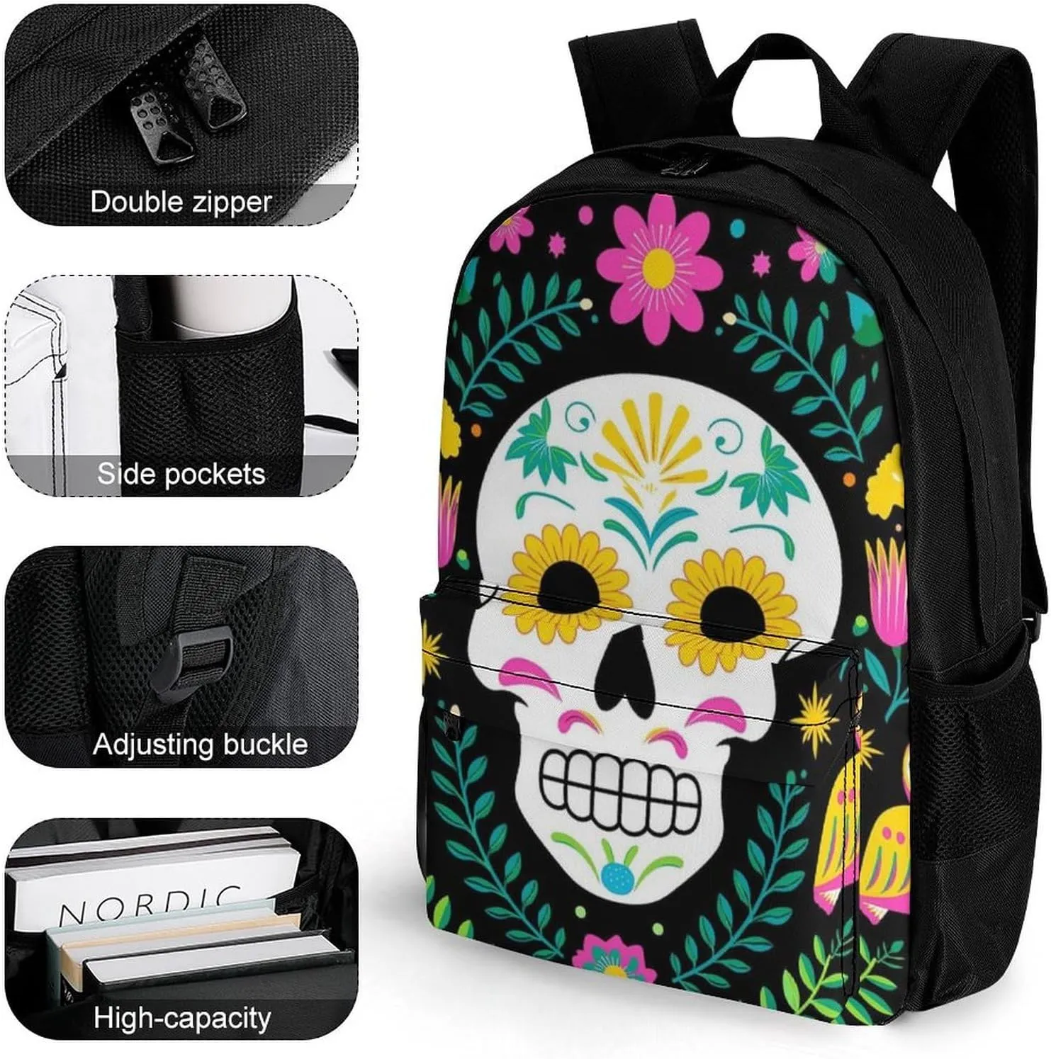 Daypack Backpack Anti-Theft Multipurpose Big Capacity Bookbag - Colorful Floral Sugar Skull Bird Art Business Computer Bag With Side Pockets