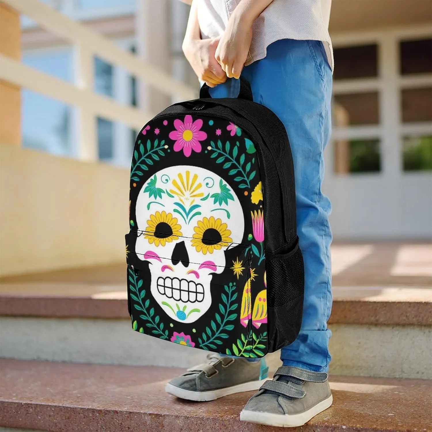 Daypack Backpack Anti-Theft Multipurpose Big Capacity Bookbag - Colorful Floral Sugar Skull Bird Art Business Computer Bag With Side Pockets