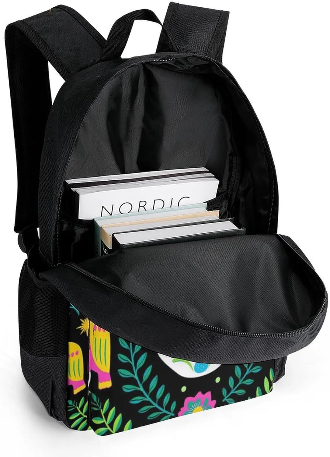 Daypack Backpack Anti-Theft Multipurpose Big Capacity Bookbag - Colorful Floral Sugar Skull Bird Art Business Computer Bag With Side Pockets