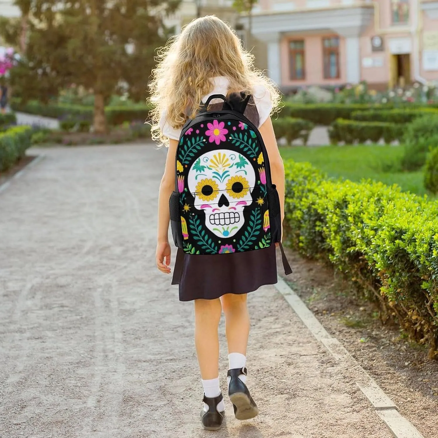 Daypack Backpack Anti-Theft Multipurpose Big Capacity Bookbag - Colorful Floral Sugar Skull Bird Art Business Computer Bag With Side Pockets