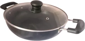 Deep Kadhai Induction Base Non-Stick Kadai with Glass Lid Non Stick Frying Pan Wok Flat Bottom Non Stick All Purpose Pan Non-Stick Aluminium Kadhai Deep Fry Pan (240mm) 2.2Ltr