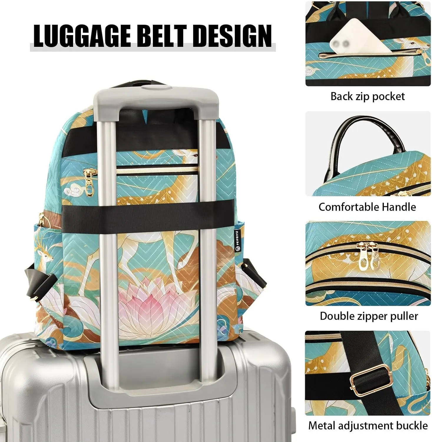 Deer on Oriental Flower in Blue Campus Backpack Purse Bookbag Quilted Backpack for Women 13" Laptop Backpack Stylish Printed Rucksack with Multiple Pockets Lightweight Travel