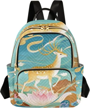Deer on Oriental Flower in Blue Campus Backpack Purse Bookbag Quilted Backpack for Women 13" Laptop Backpack Stylish Printed Rucksack with Multiple Pockets Lightweight Travel
