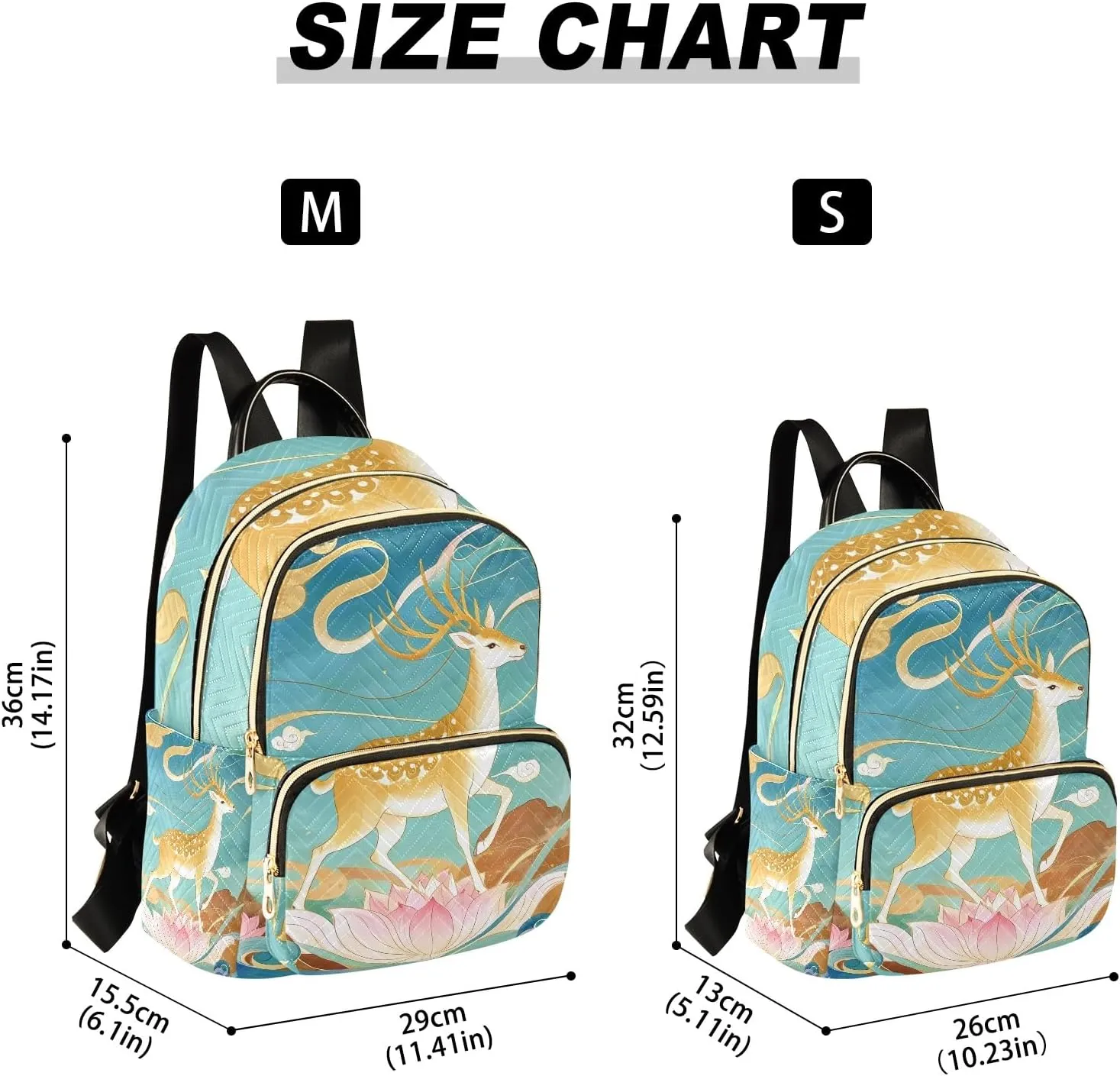 Deer on Oriental Flower in Blue Campus Backpack Purse Bookbag Quilted Backpack for Women 13" Laptop Backpack Stylish Printed Rucksack with Multiple Pockets Lightweight Travel