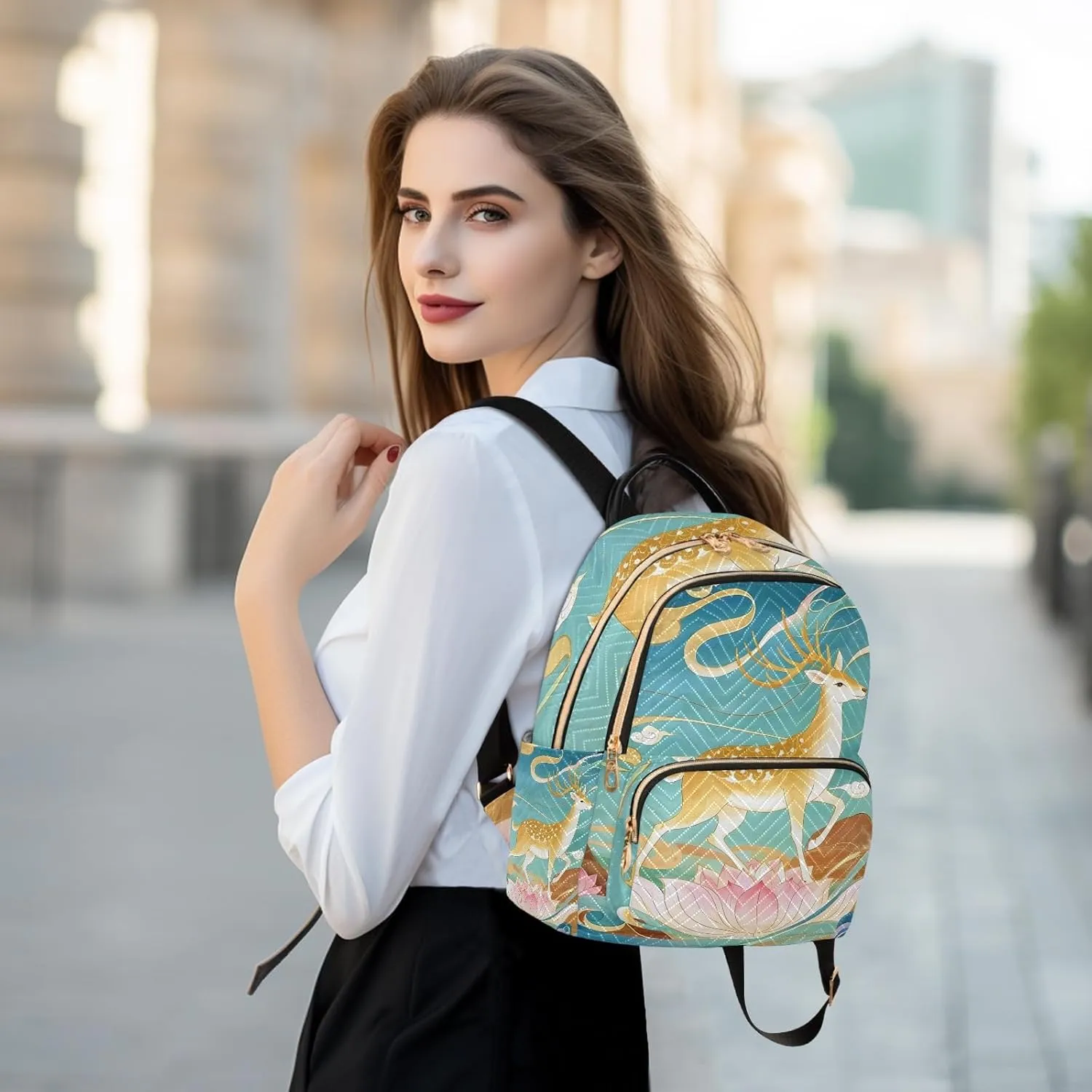Deer on Oriental Flower in Blue Campus Backpack Purse Bookbag Quilted Backpack for Women 13" Laptop Backpack Stylish Printed Rucksack with Multiple Pockets Lightweight Travel