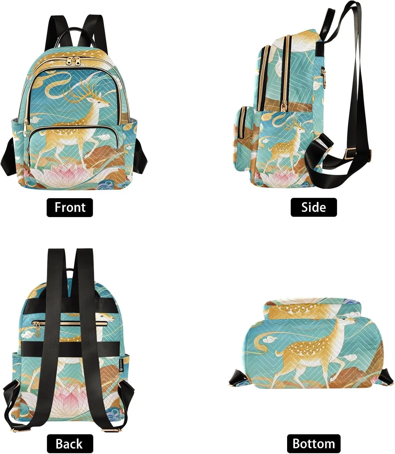 Deer on Oriental Flower in Blue Campus Backpack Purse Bookbag Quilted Backpack for Women 13" Laptop Backpack Stylish Printed Rucksack with Multiple Pockets Lightweight Travel