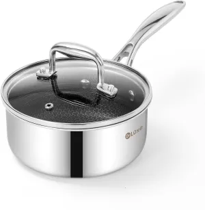 DELUXE Hybrid Ceramic Nonstick 1.3-Quart Saucepan with Tempered Glass Lid, Stainless Steel Pot with Stay-Cool Handle, Dishwasher Oven Safe, Induction Ready, PFOA Free Compatible with All Cooktops