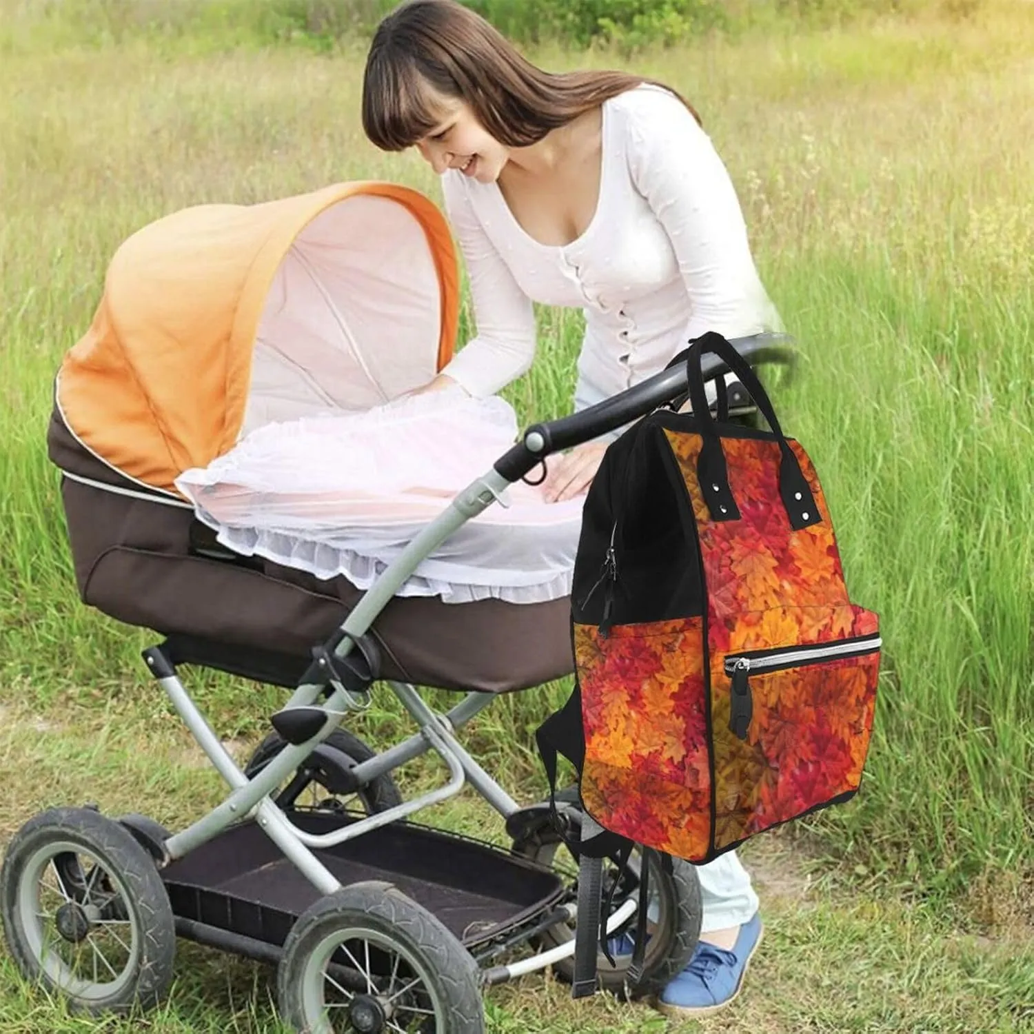 Diaper Bag Backpack For Women, Autumn Leaf Waterproof Multifunction Travel Pack Maternity Baby Changing Bags, Nappy Baby Bags With Multi-Function For Baby
