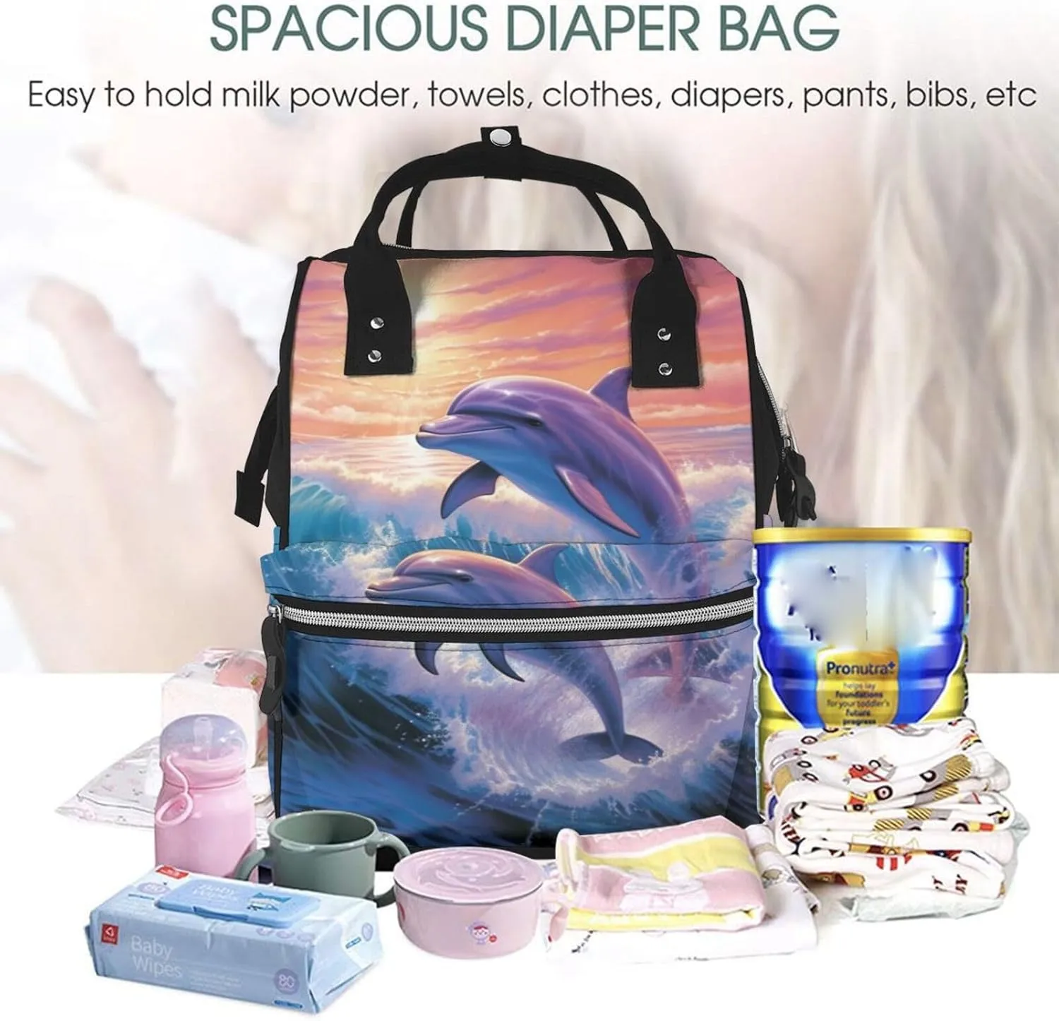 Diaper Bag Nappy Backpack Baby Bag Black and white tiger Mummy Backpack Multifunction Changing Bags for Travel, Dolphins Art, One Size