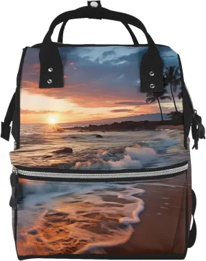 Diaper Bag Nappy Backpack Baby Bag Chickens and Farm Mummy Backpack Multifunction Changing Bags for Travel, Beach Maui Hawaii Sunset Sea Waves Clouds, One Size