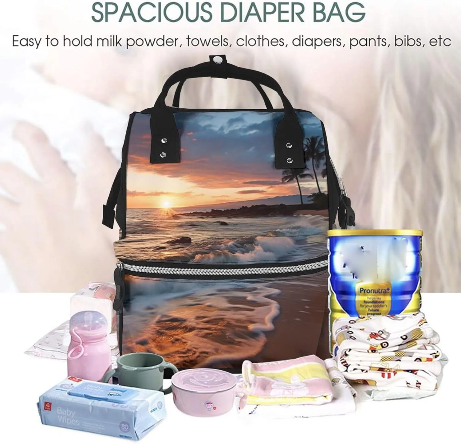 Diaper Bag Nappy Backpack Baby Bag Chickens and Farm Mummy Backpack Multifunction Changing Bags for Travel, Beach Maui Hawaii Sunset Sea Waves Clouds, One Size