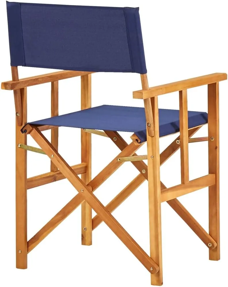 Director's Chair Solid Acacia Wood Blue Foldable Outdoor Camping Lounge Chair with Fabric Seat and Backrest for Patio, Beach, Sports, and Dining