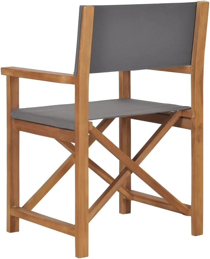 Director's Chair Solid Teak Wood Gray Foldable Lounge Chair Outdoor Patio Furniture with Armrests and Comfortable Seat for Garden, Balcony, or Camping