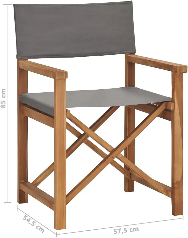 Director's Chair Solid Teak Wood Gray Foldable Lounge Chair Outdoor Patio Furniture with Armrests and Comfortable Seat for Garden, Balcony, or Camping