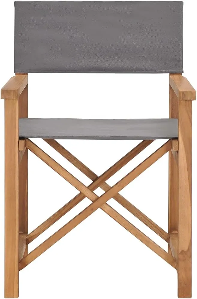 Director's Chair Solid Teak Wood Gray Foldable Lounge Chair Outdoor Patio Furniture with Armrests and Comfortable Seat for Garden, Balcony, or Camping