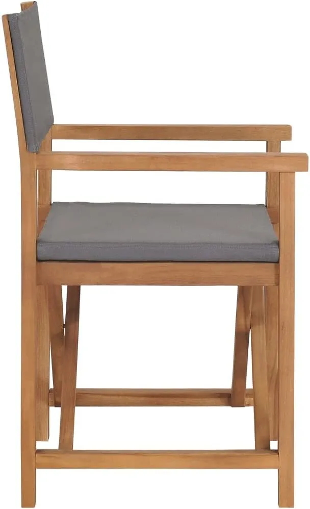 Director's Chair Solid Teak Wood Gray Foldable Lounge Chair Outdoor Patio Furniture with Armrests and Comfortable Seat for Garden, Balcony, or Camping