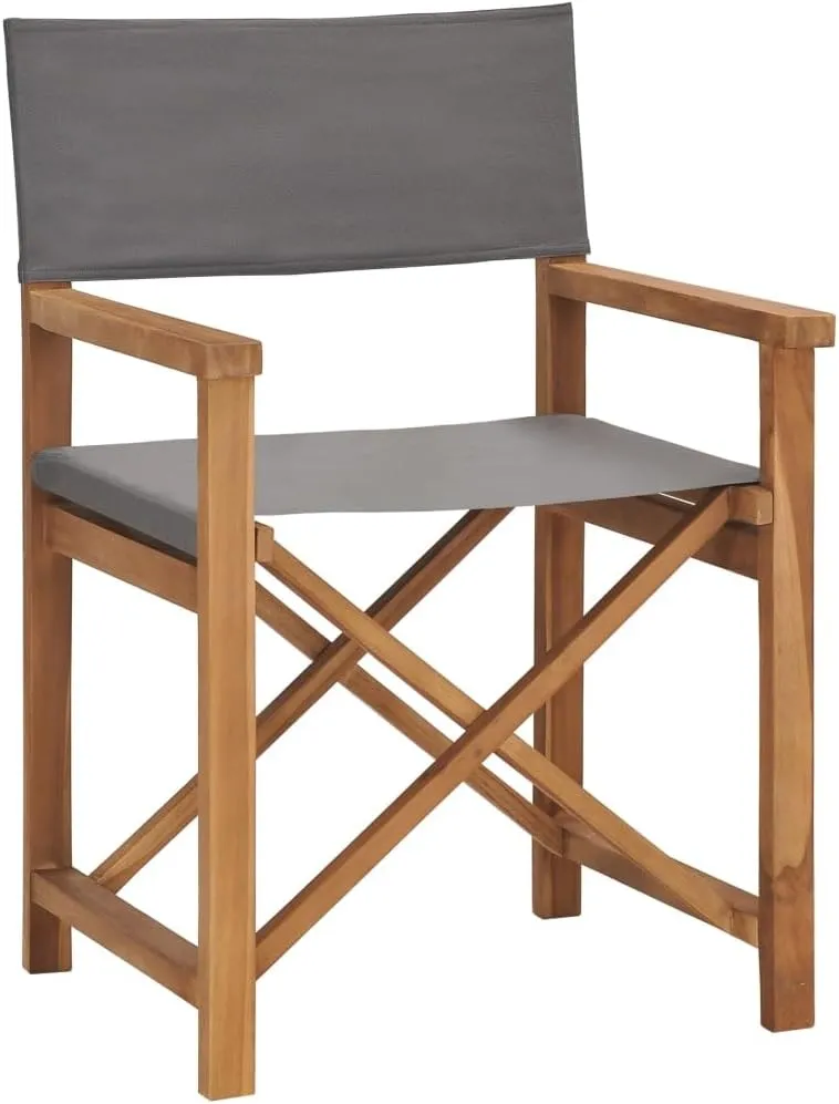 Director's Chair Solid Teak Wood Gray Foldable Lounge Chair Outdoor Patio Furniture with Armrests and Comfortable Seat for Garden, Balcony, or Camping