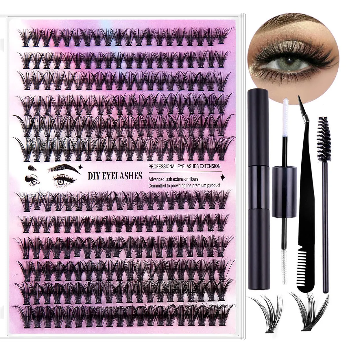 DIY Eyelash Extension Kit with Fibers, Mascara, Brushes and Tweezers, Purple