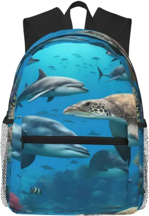 Dolphins Sea Turtle Shark Octopus Coral Reef Print Shoulder Bag, Lightweight Shoulder Bag, Travel Bag, Hiking Backpack, Cute Shoulder Bag, Black